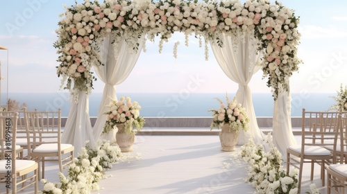 Elegant coastal wedding setup with white flowers and seashells whimsical touch © ibhonk
