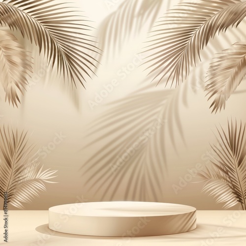 3D rendering of empty beige podium with palm leaves shadows on beige background. Pedestal or platform for product presentation.