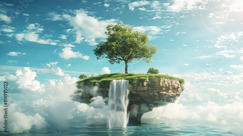 A surreal 3D illustration presents a fantasy floating island with a river stream, green grass, trees, and a waterfall, evoking a paradise concept against a blue sky with clouds.