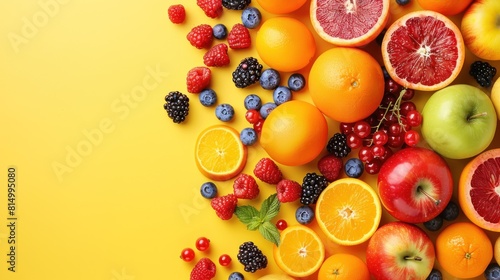 A yellow background with a variety of fruits including apples  oranges