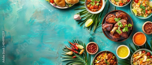 A colorful assortment of food is displayed on a blue background photo