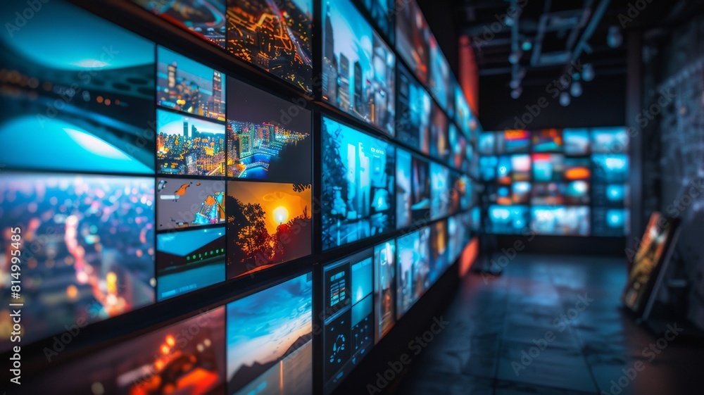 Multimedia video wall with several television screens broadcasting a variety of programs and content. Multimedia video wall with several television screens broadcasting a variety of programs and content.