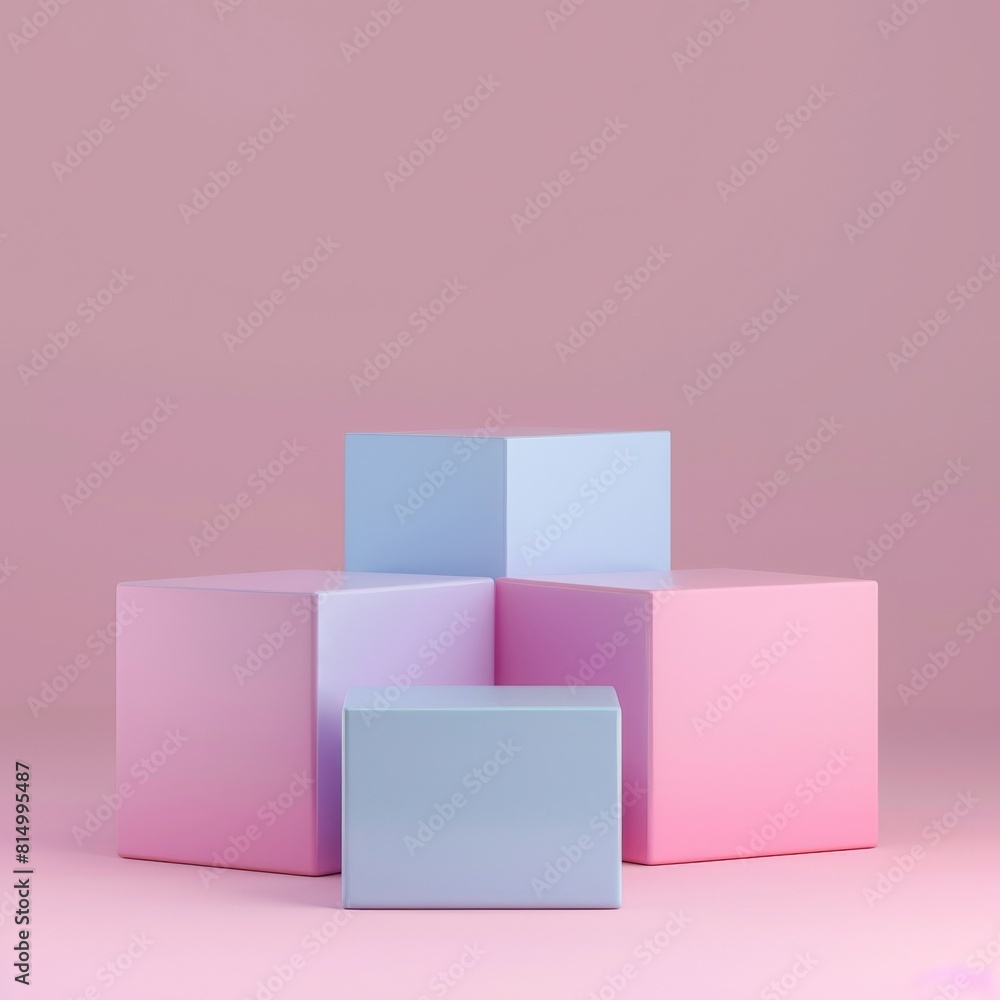 3D rendering of pink and blue podiums on pink background. Abstract minimal geometric shapes. Pastel colors. Scene for product display. 3D rendering of pink and blue podiums on pink background. Abstract minimal geometric shapes. Pastel colors. Scene for product display.