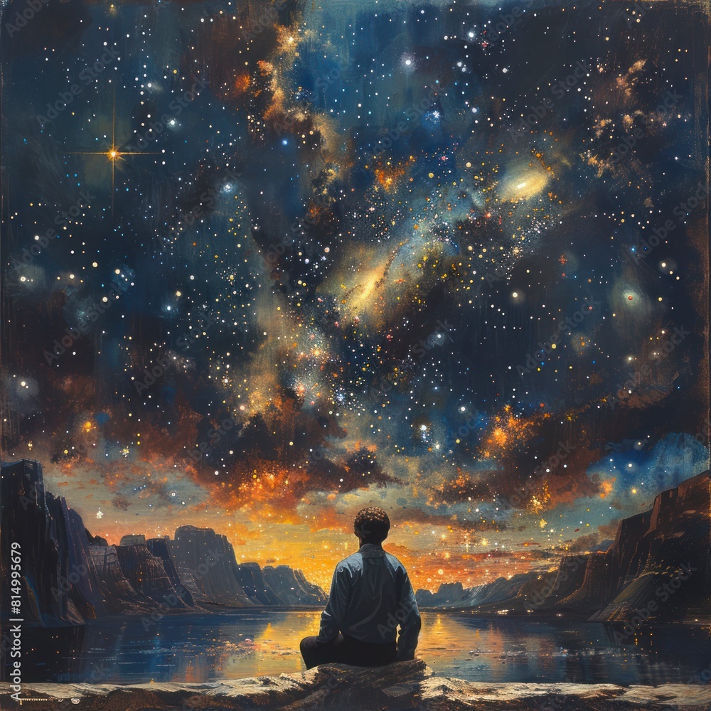 American physicist contemplating the mysteries of the universe under a starry sky American physicist contemplating the mysteries of the universe under a starry sky