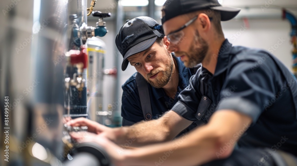 Two plumbers collaborating to install a large water heater in a basement. Two plumbers collaborating to install a large water heater in a basement.