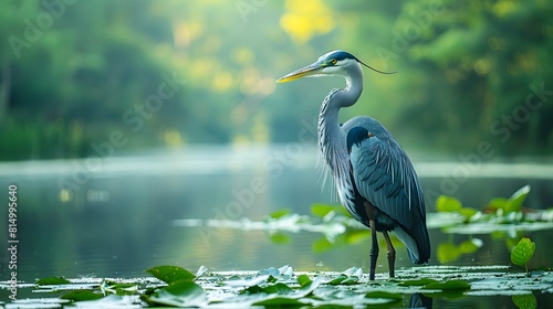 Side view of a heron perched on a calm lake.