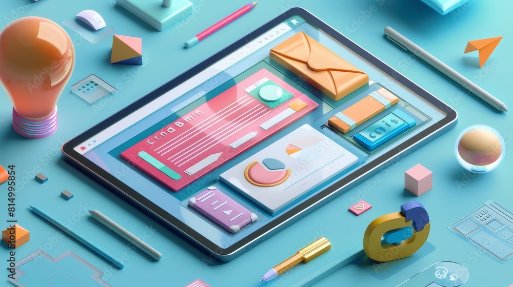 The image shows a tablet with various apps and widgets on the screen The image shows a tablet with various apps and widgets on the screen