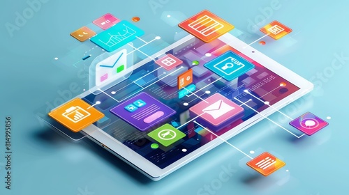 The image shows a tablet with various app icons arranged around it.