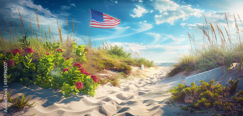 Tranquil coast with a Memorial Day flag and beach-loving flowers at a veteran's grave, oceanic serenity.