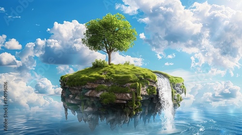 A surreal 3D illustration presents a fantasy floating island with a river stream  green grass  trees  and a waterfall  evoking a paradise concept against a blue sky with clouds.