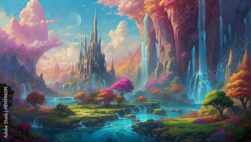 A fantastical cityscape of towering crystal spires and twisting vines, where floating islands drift amid rainbow-hued skies
