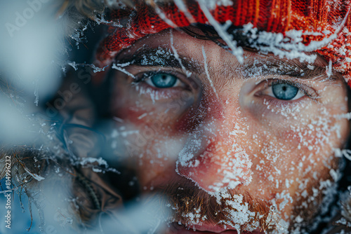 Dynamic image of a young climber pushing through a blizzard  icicles forming on their beard and eyebrows 
