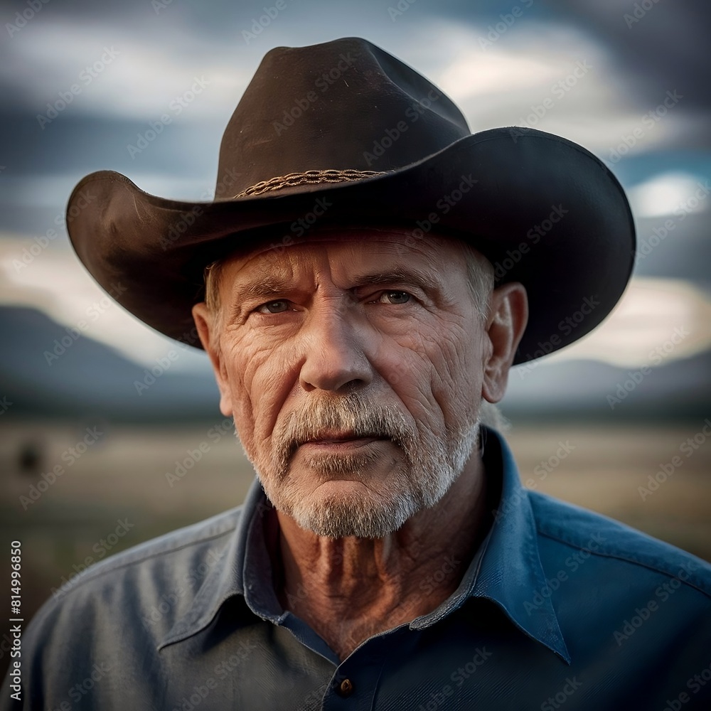 Portrait of an old, wise cowboy with a penetrating gaze, wearing a cowboy hat. His wrinkled face reflects years of rugged American frontier life. Portrait of an old, wise cowboy with a penetrating gaze, wearing a cowboy hat. His wrinkled face reflects years of rugged American frontier life.