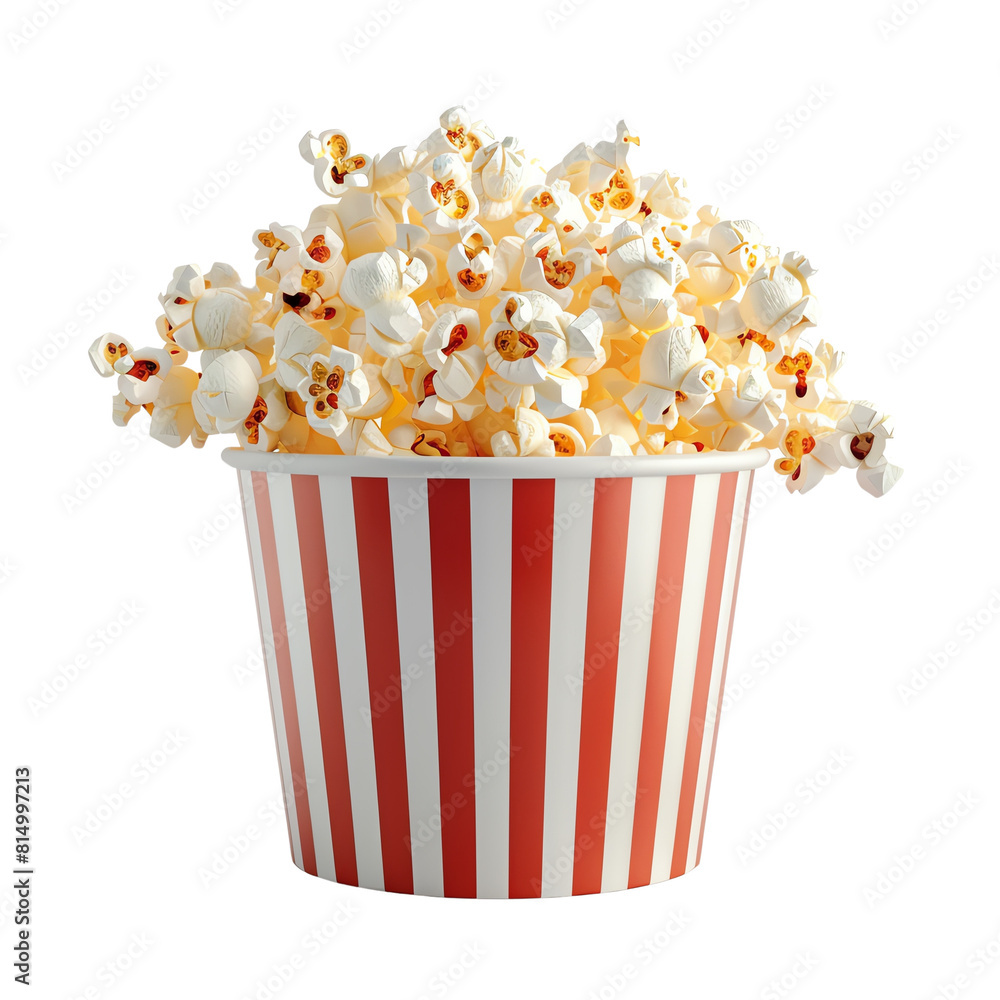 A red and white striped popcorn bucket full of popped popcorn. A red and white striped popcorn bucket full of popped popcorn.