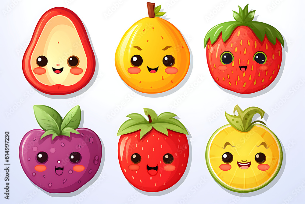Set of cute kawaii cartoon fruit characters. Vector illustration. Set of cute kawaii cartoon fruit characters. Vector illustration.