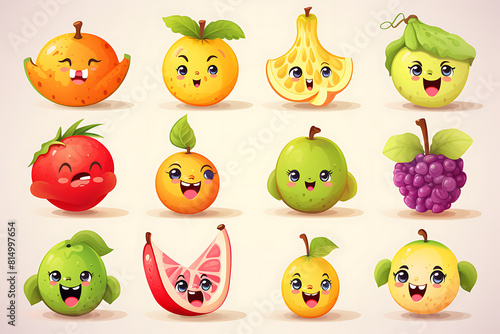 Set of cute kawaii cartoon fruit characters. Vector illustration.