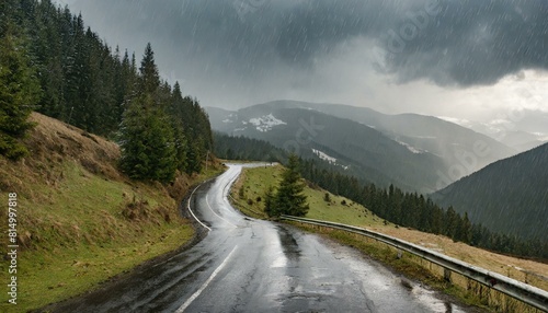 road in the mountains during the rain photo