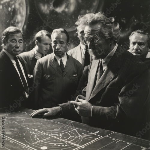 American physicist discussing the theory of relativity with colleagues