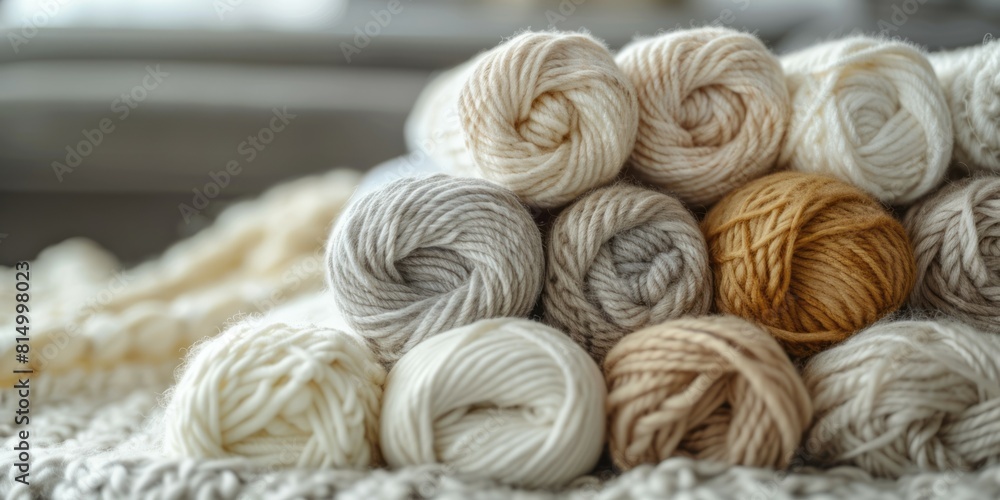 Woolen yarn balls on knitted plaid, closeup Woolen yarn balls on knitted plaid, closeup
