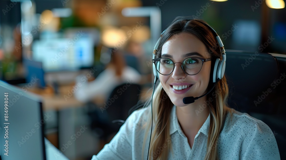 A young and friendly operator woman agent is at work, wearing headsets in a call center. A young and friendly operator woman agent is at work, wearing headsets in a call center.
