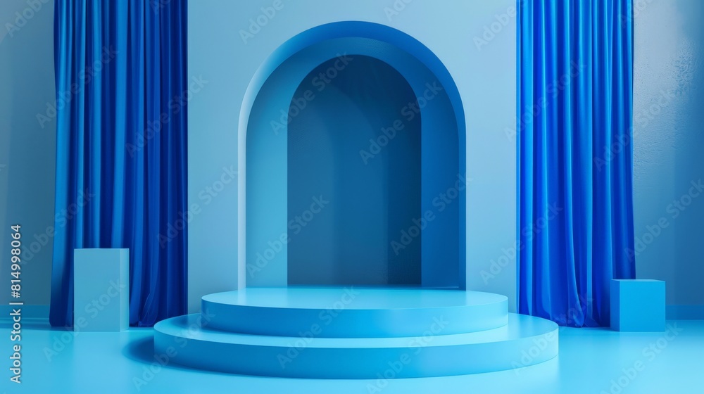 Blue podium with arch and curtains. Blue podium with arch and curtains.
