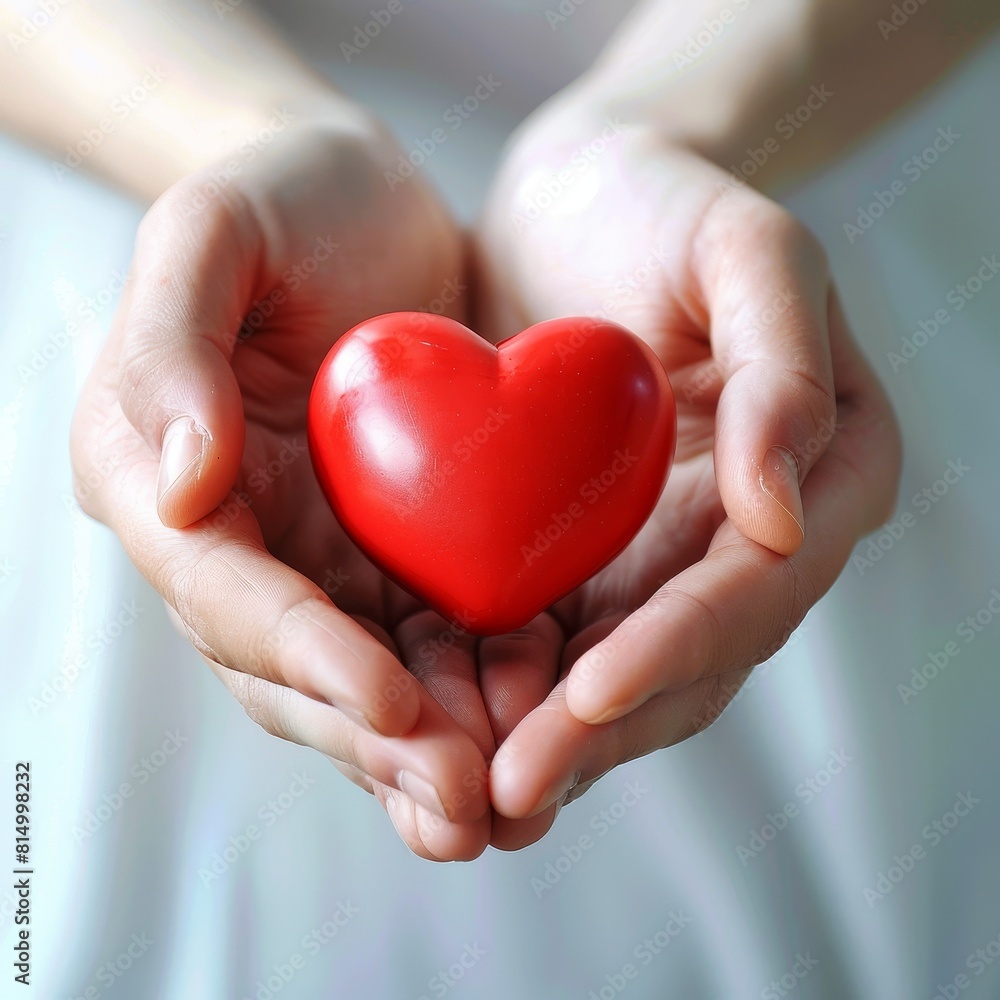 A person is holding a red heart in their hands. The heart is made of plastic and is placed between the person's fingers. Concept of love and care A person is holding a red heart in their hands. The heart is made of plastic and is placed between the person's fingers. Concept of love and care
