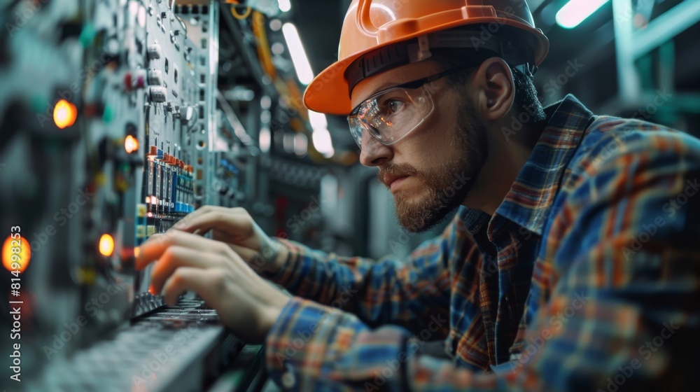 Engineers upgrading the software that manages the factory's electrical grid. Engineers upgrading the software that manages the factory's electrical grid.