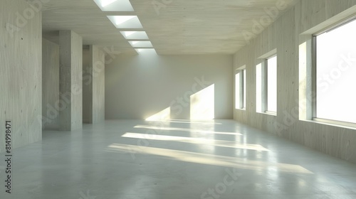 Bright empty room with large windows and concrete columns.