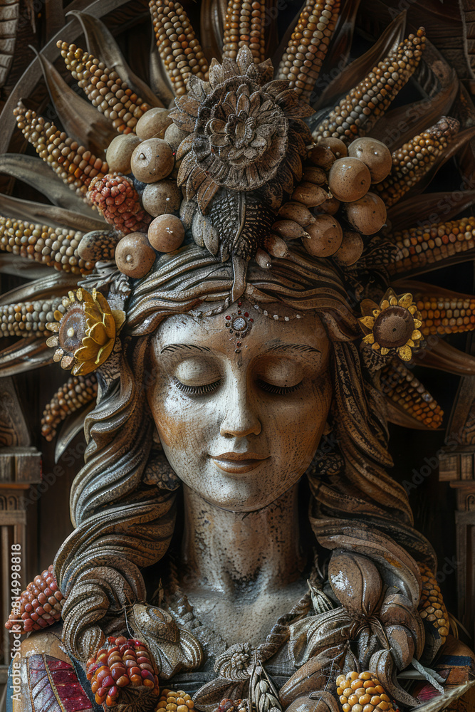 Scene of a goddess with a headdress of corn and wheat, holding a basket of harvest bounty, Scene of a goddess with a headdress of corn and wheat, holding a basket of harvest bounty,