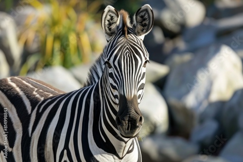 Close-up of a zebra with striking black-and-white stripes  set against a blurry natural background