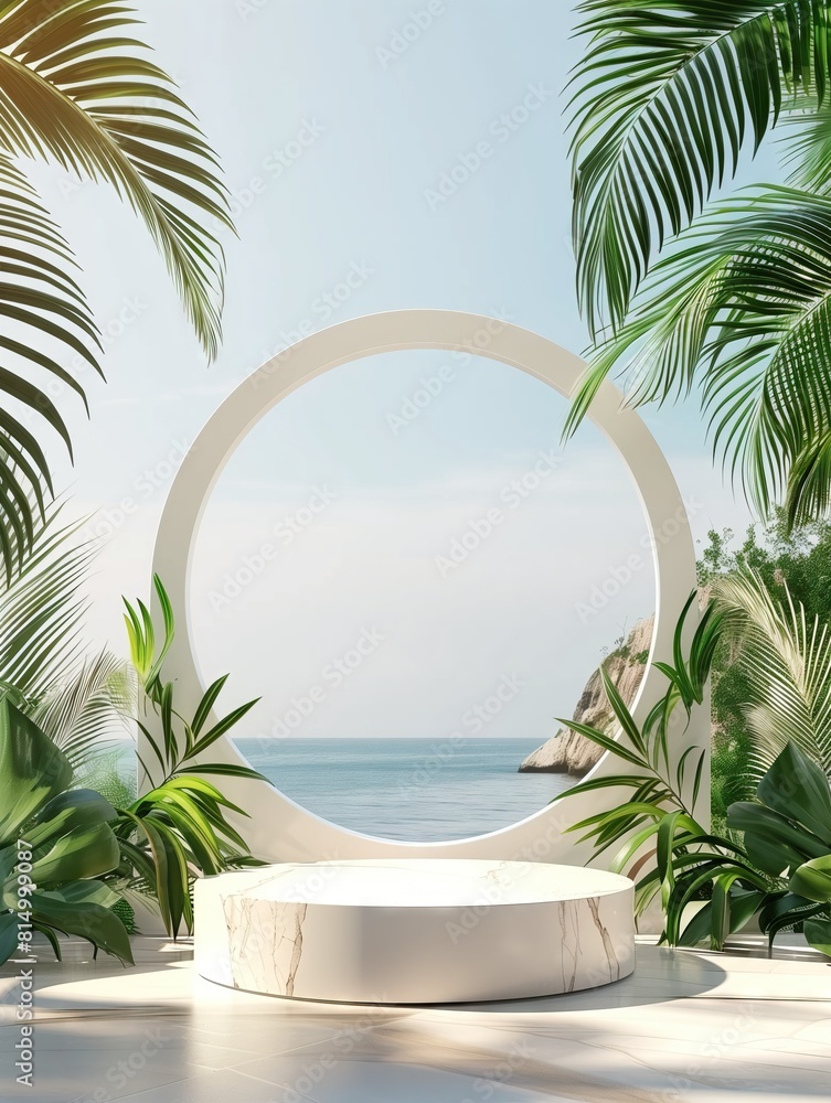 Fototapeta premium 3d products display podium scene, Tropical beach with palm trees in the background