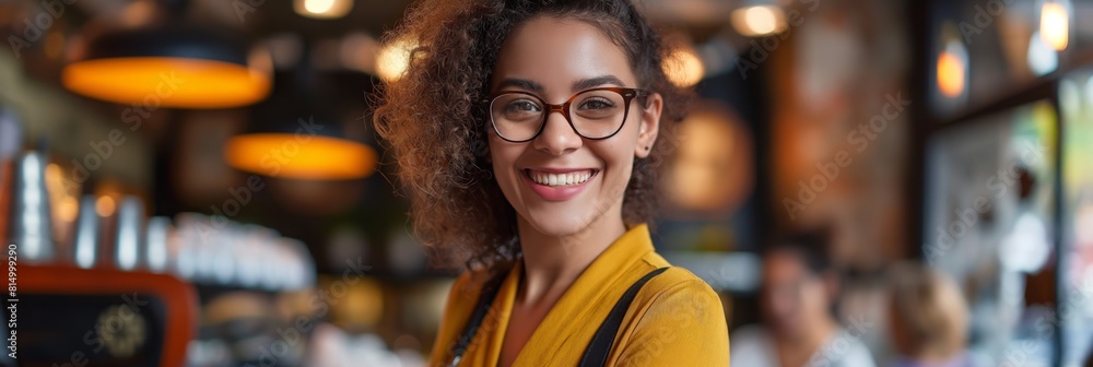 A joyful young woman in eyeglasses smiles brightly in a bustling cafe environment A joyful young woman in eyeglasses smiles brightly in a bustling cafe environment