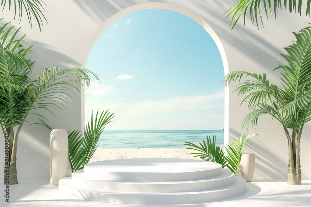 Fototapeta premium 3d products display podium scene, Tropical beach with palm trees in the background