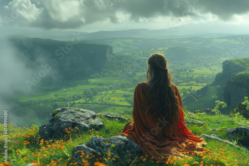 Scene of the Norse goddess Freyr, associated with fertility and prosperity, overseeing a lush and thriving landscape, photo
