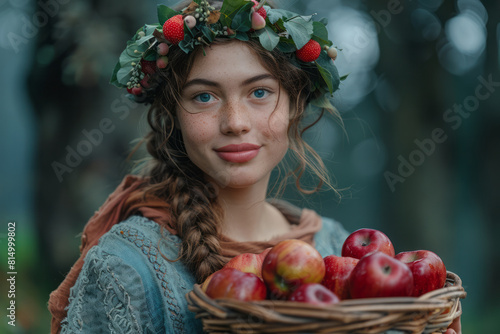 Image of Idunn, the Norse goddess of eternal youth, offering a basket of magical apples that grant health and longevity, photo