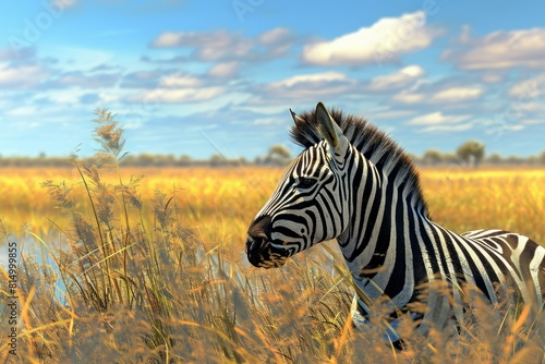 Majestic zebra stands amid the tall grasses of the african savannah under a vibrant sky
