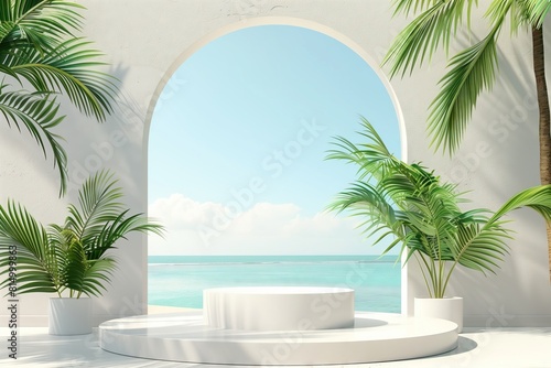 3d products display podium scene  Tropical beach with palm trees in the background
