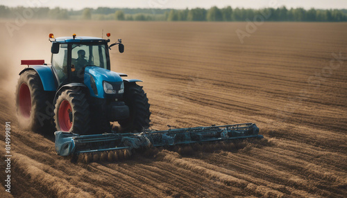 Agricultural machinery tractor on the field harvesting sowing