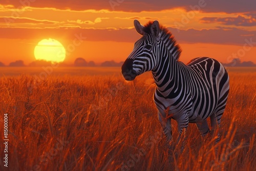 Serene zebra stands in the golden savannah grass against a vibrant sunset backdrop