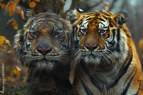 Close up of two tigers in the forest   Panthera tigris altaica