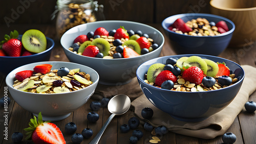 Bowl of muesli, sliced kiwifruit, strawberries and blueberries and small bowls of fruit