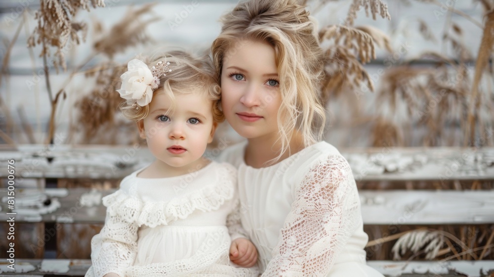 Obraz premium Two little girls are sitting on a bench