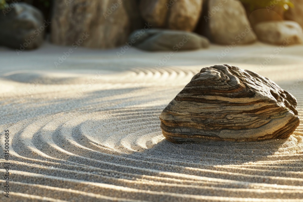 Striking patterns in sand surround a lone stone in a tranquil zen garden at sunset Striking patterns in sand surround a lone stone in a tranquil zen garden at sunset