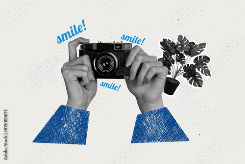 Composite trend artwork collage of old retro vintage photo camera journalist hand make shot moment portrait smile studio plant flower photo