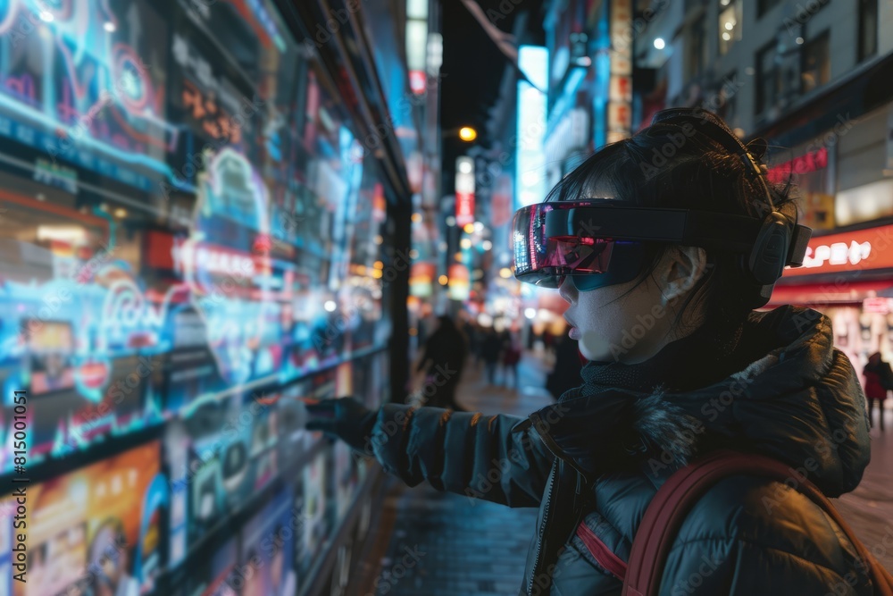 A woman on a Tokyo street wearing a virtual reality headset, interacting with digital overlays