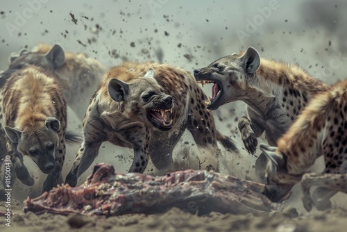A group of hyenas fiercely fighting over a carcass, showing snarls and growls in a dramatic scene photo
