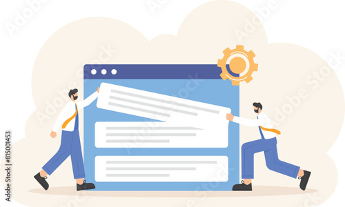 illustration of a team trying to put the web board in the top or first position. the concept of teamwork, SEO marketing, SEO optimization. flat design. can be used for elements, landing pages, UI.

