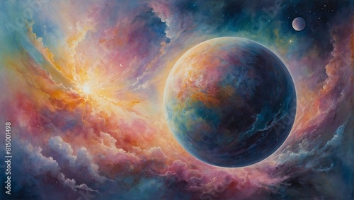 An ethereal artificial planet, awash in soft pastel hues and shimmering with a kaleidoscope of colors,