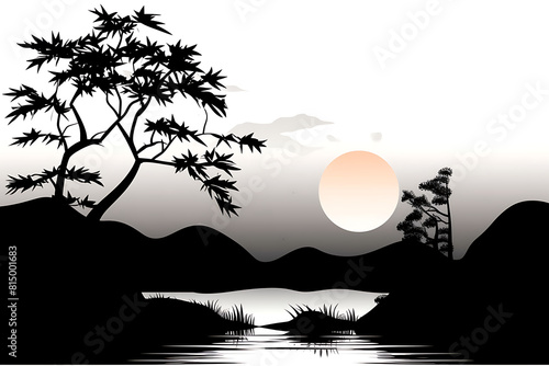 Silhouette of tree and lake with sunset. Vector illustration.