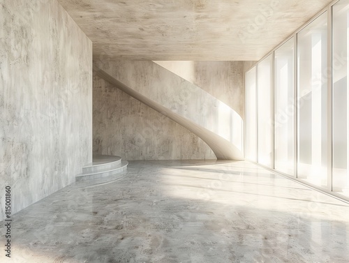 The photo shows a modern  minimalist room with a curved staircase and large windows.